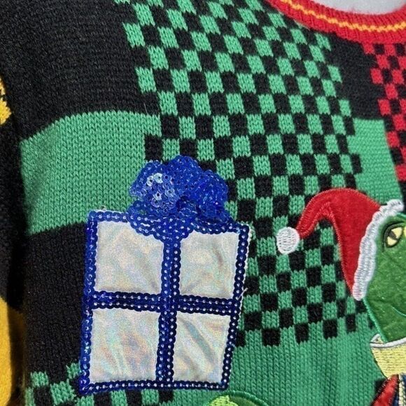 Holiday Time T-Rex Dinosaur Checkered Sequin Present Christmas Sweater S - Picture 8 of 10